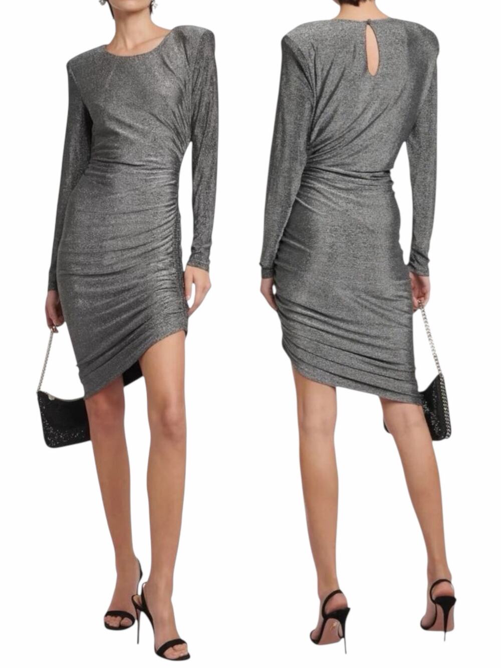 Veronica Beard Cyrus Metallic Lurex Side Ruch Dress Gunmetal Size XL